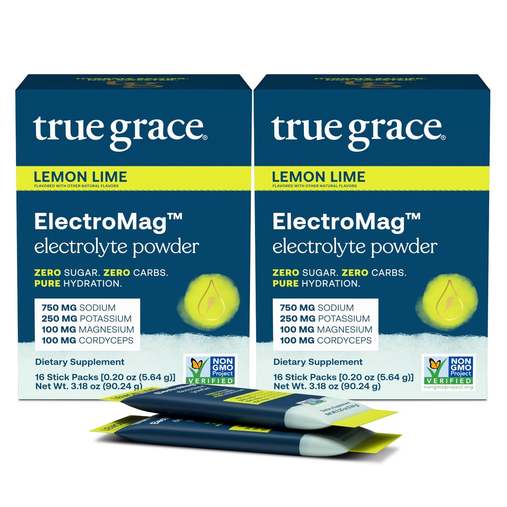 True Grace ElectroMag - Boîtes de 16 bâtons (paquet de 2) - Citron Lime - Poudre d'électrolyte pour une hydratation rapide - Sodium, potassium, magnésium et cordyceps - Zéro sucre et glucides - Non-OGM - 32 Total des portions