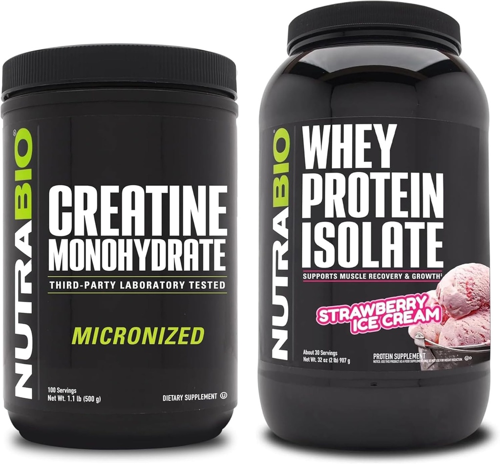 NutraBio Creatine Monohydrate, Unflavored, 500g and Whey Protein Isolate, Strawberry Ice Cream, Supplement Bundle - Muscle Energy, Lean Muscle Growth, Recovery, and Strength