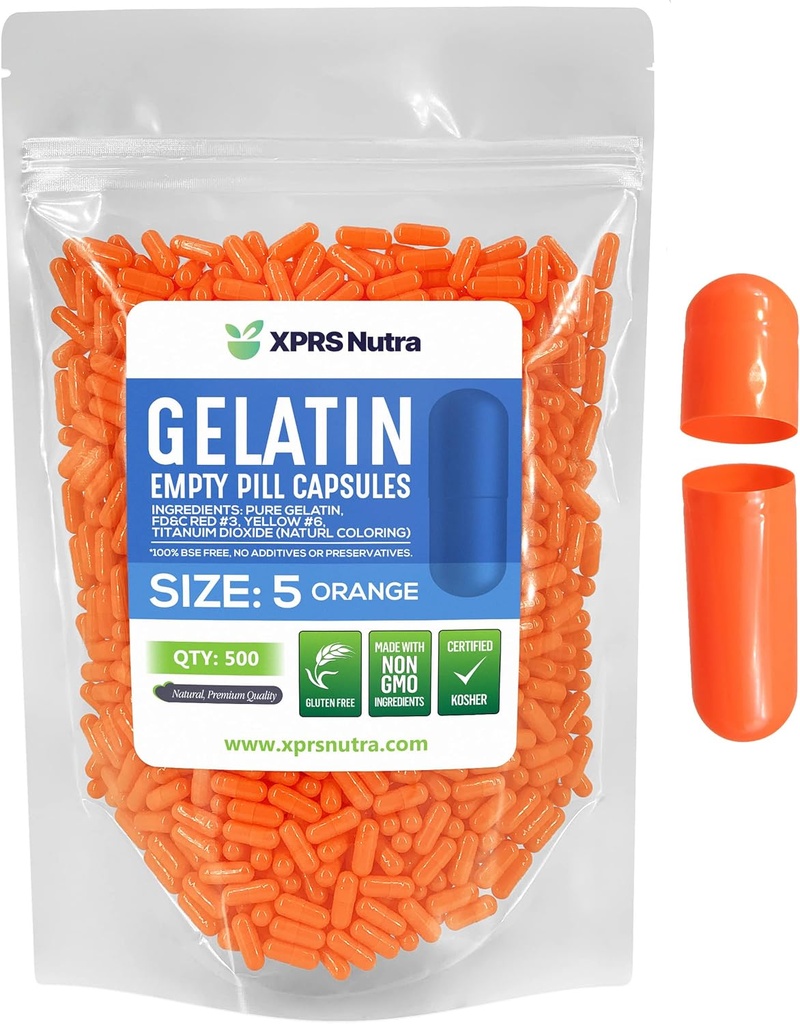 XPRS Nutra Size 5 capsule vuote - 500 conta molto piccole capsule di Gelatina vuota - pillole di riempimento della capsula fai da te - capsule di gel di pillole riempibili per integratori di vitamina Do-It-Yourself (arancia)