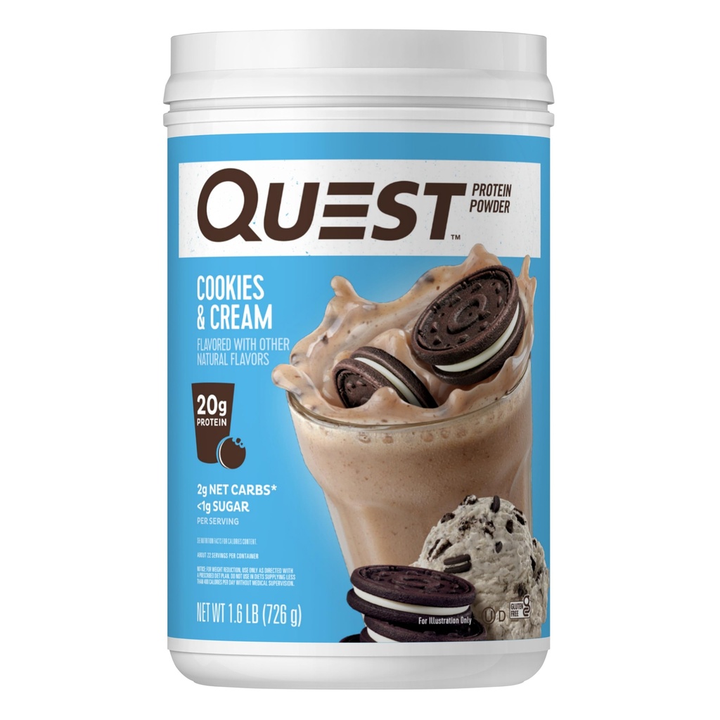 Quest Nutrition Cookies et crème en poudre de protéines, 20g de protéines, 1g de sucre, faible teneur en glucides, sans gluten, 1,6 livre, 24 portions
