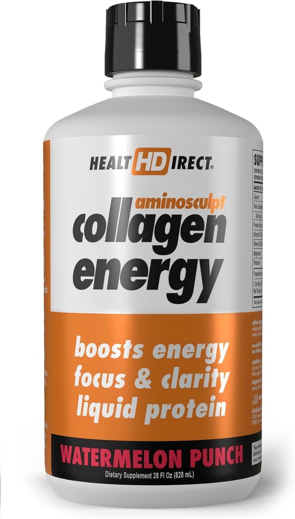 DIRECT HEALTH - AminoSculpt Collagen Energy - Liquid Collagen per Idratazione, Circolazione ed Energia - Vitamina B12, Elettroliti, L-Citrullina, Capros Amla - Watermelon Punch - 28 Fl Oz (28 Serve)
