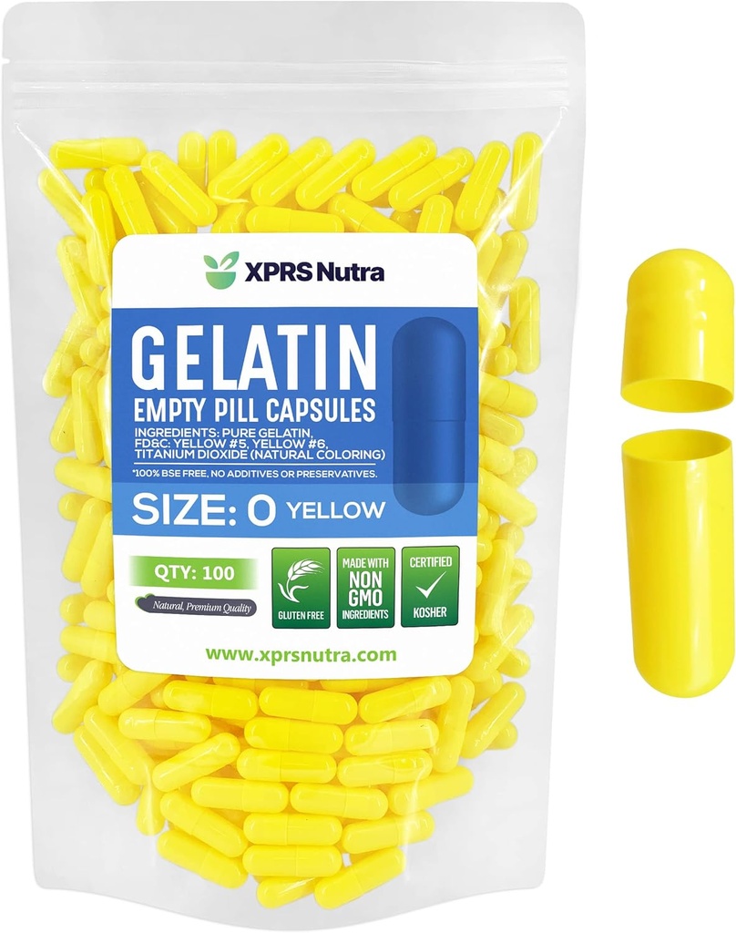 XPRS Nutra Größe 0 Leere Kapseln - 100 Graf Leere Gelatine Kapseln - Pillen DIY Kapsel Füllung - Pure Bovine Pill Gel Kapseln für Do-It-Yourself Ergänzungen (gelb)