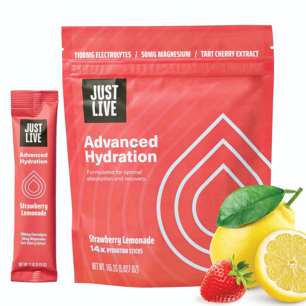 Juste vivre l'hydratation avancée - Lémonade de fraise, Mélange de boisson d'électrolyte, Extrait de cerise de tart, soutient la récupération et l'absorption, faible sucre, 14 Pack