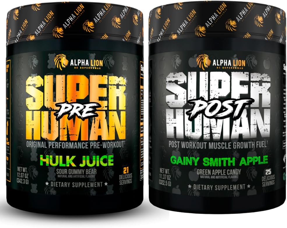 ALPHA LION Pré-entraînement surhumain Poudre et post-entraînement Recovery Bundle, énergie soutenue et focus + croissance musculaire maigre, force et volume (Hulk Juice & Gainy Smith Apple)