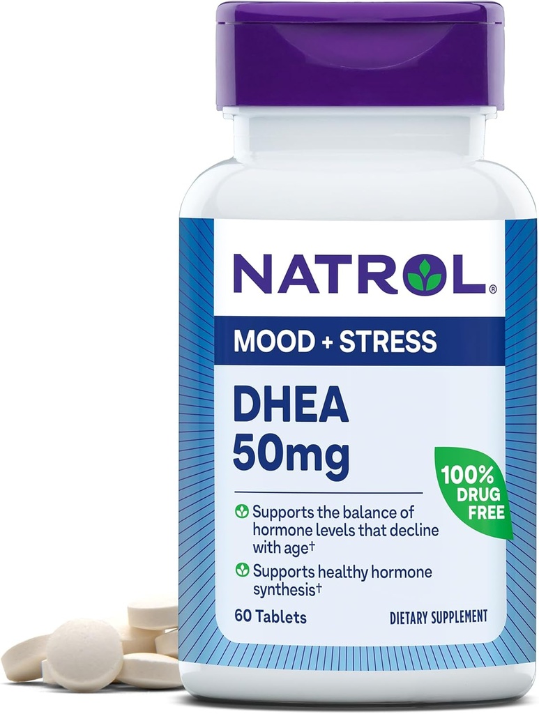 Natrol Mood & Stress DHEA 50mg con calcio, supplemento dietetico per l'equilibrio di determinati livelli di ormone e supporto del mood, 60 compresse, alimentazione di 60 giorni