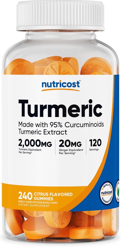 Nutricost Turmeric Gummies (240 Gummi) - Citrus Flavored, Hergestellt mit 95% Curcuminoids, 120 Servierungen, Inklusive Ginger und Schwarz Pfeffer Extrakt, Vegetarisch, Non-GMO und Glutenfrei