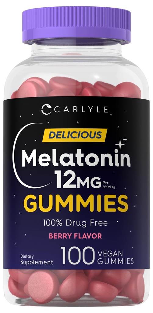 Carlyle Melatonin Gummies 12mg | 100 Count | Berry Flavor | Vegan Supplement | Non-GMO, glutenfrei