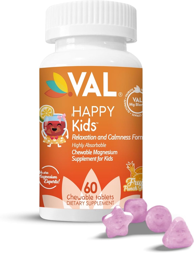 VAL Magnesio per bambini | Magnesio ad alto assorbimento per calma, rilassamento e messa a fuoco | Mg Glycinate, Citrate & Taurate | con vitamina B6, D & C | Zucchero-Free, Non OGM | 60 compresse masticabili