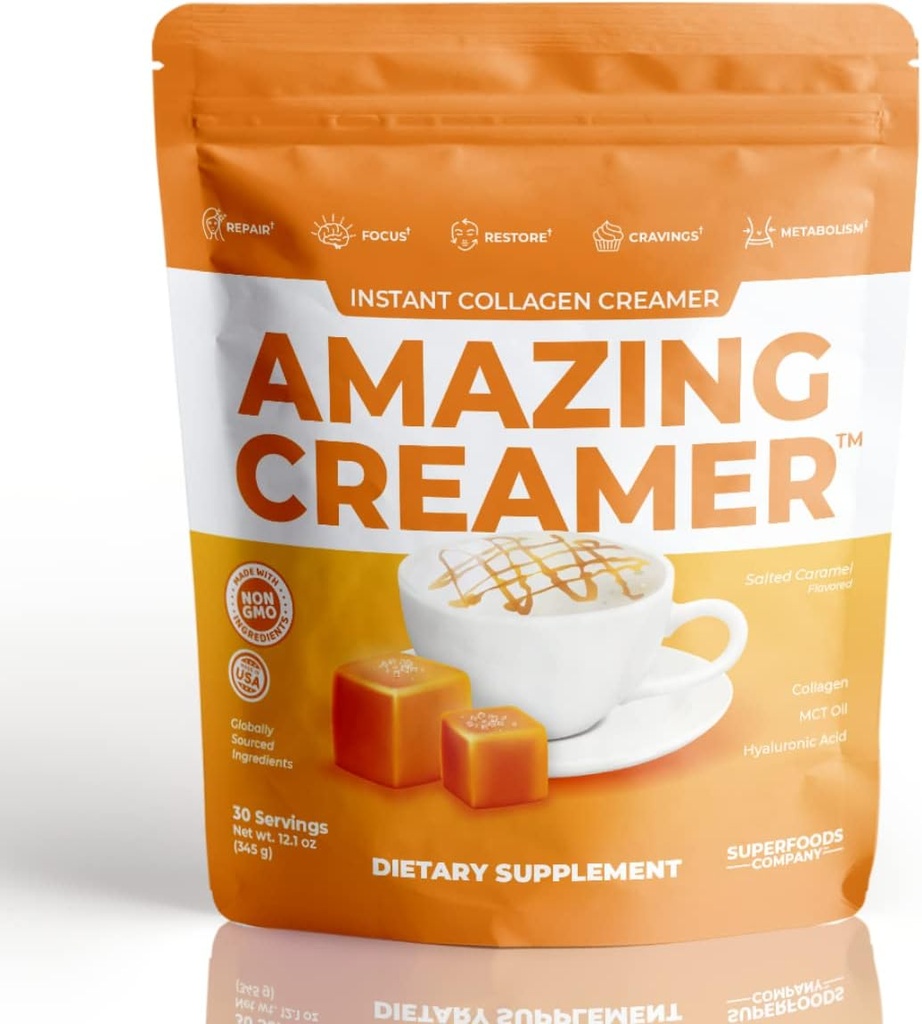 Superfoods Company Amazing Creamer mit Collagen - Keto Creamer-Hyaluronsäure & MCT Öl - Brain Boost & Curbs Cravings - Unterstützt gesunde Haut & Haar - Diät-Friendly [30 Servietten] [Salted Caramel]