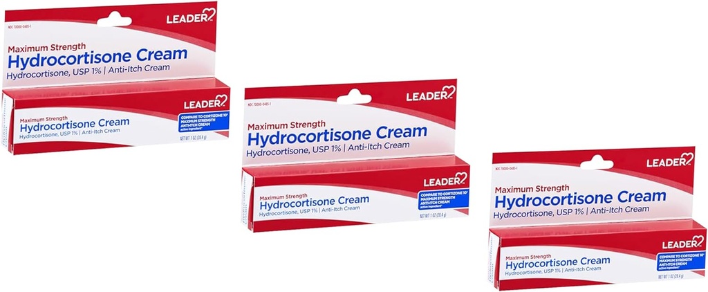 Crema di Idrocortisone Leader, Lozione Anti-Itch per Psoriasi, Forza massima, Crema di Rilievo Itch istantaneo per Bites Mosquito, Eczema, Dermatite, Infezioni cutanee & Emorroidi, 1 oz (3)