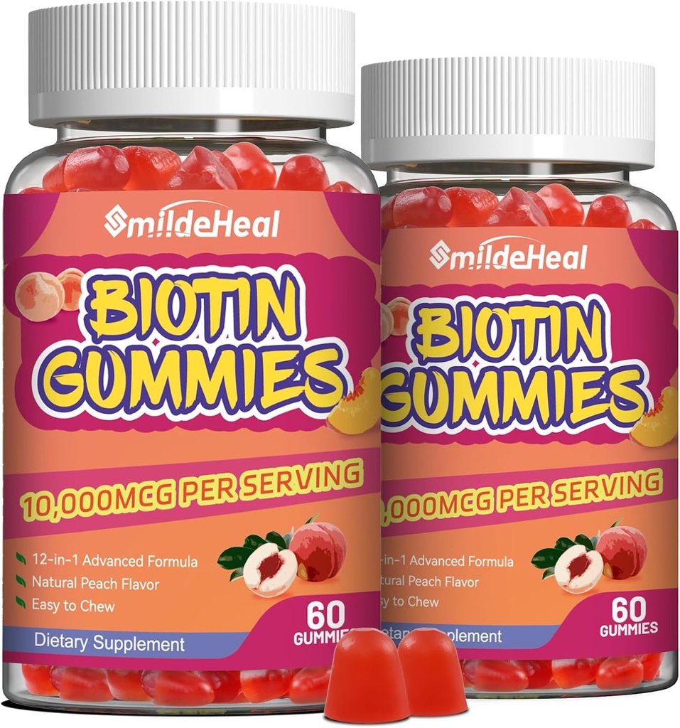 2 pacchi di biotina per la crescita dei capelli 10000 mcg, pelle dei capelli e chiodi pancia con acido folico, vitamine A, B, C, E & D, Vegan biotina vitamine per le donne e gli uomini, 120 Gummies