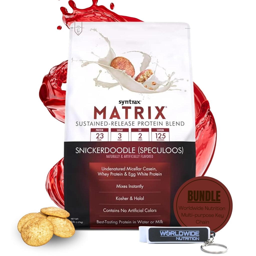 Syntrax Bundle: Matrix Protein Powder Sustained-Release Casein Protein und Whey Protein Powder - Instant Mix Snickerdoodle Protein Powder Flavor, 5lbs mit weltweiter Ernährung Keychain