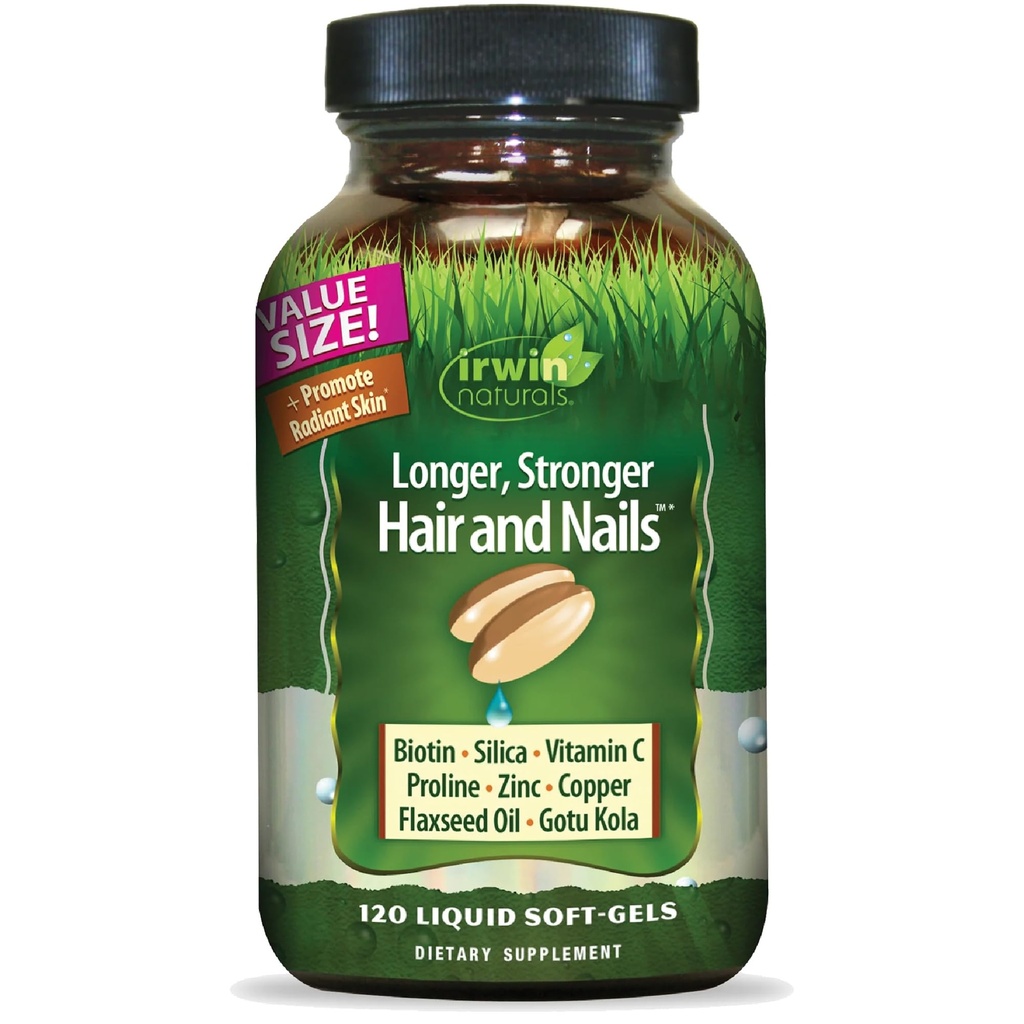 Irwin Naturals Longer, Stronger Hair and Nails - 120 Liquid Softgels - Promuove Vibrant Shine Texture & Strength - 60 Total Servings
