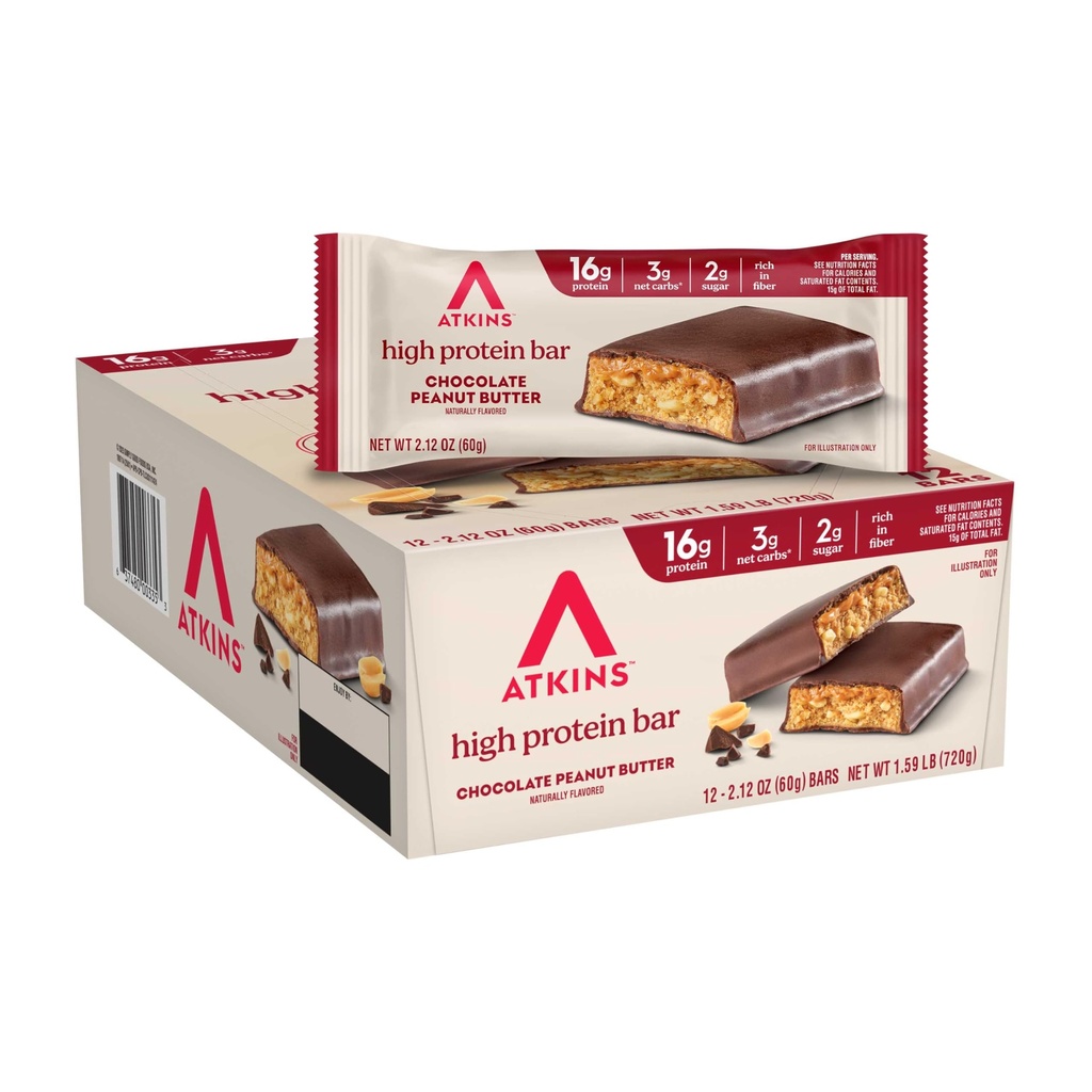 Bar à farine de beurre d'arachide au chocolat Atkins, haute fibre, 16g de protéines, faible teneur en sucre, 3g de glucides nets, faible teneur en glucides, Keto Friendly, 12 Compte