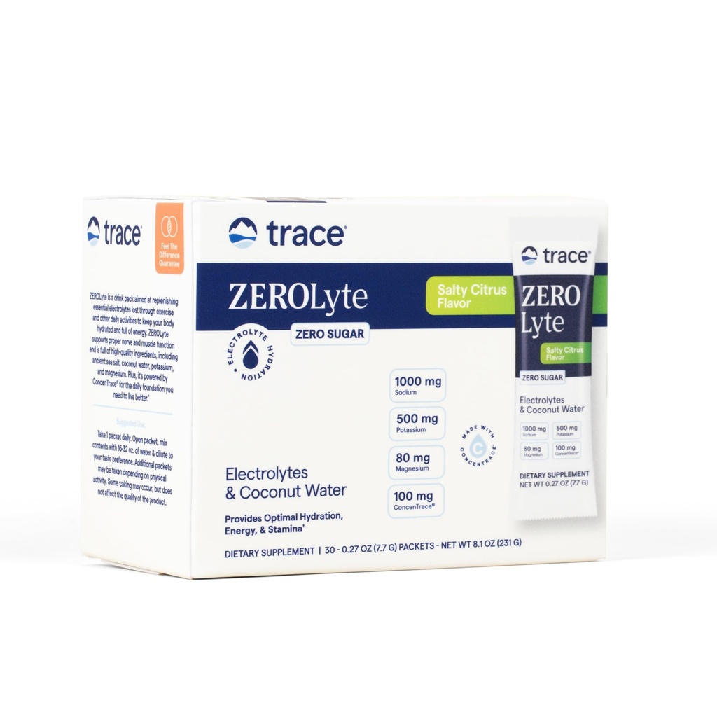 Trace Minerals ZeroLyte Salty Citrus Flavor - Sugar Free Electrolyte Drink Mix - Supports Hydration, Energy, Stamina - Ancient Sea Salt, Full Spectrum Minerals, Coconut Water - 30 Packets