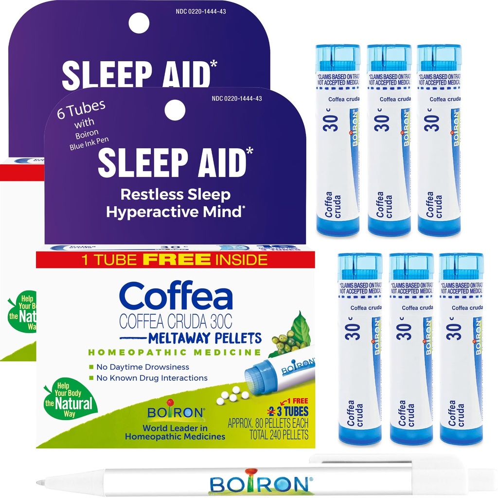 Boiron Coffea Cruda 30C - 6 Gesamtblaue Röhren - homöopathische Schlafhilfe für unruhigen Schlaf, Psychische Hyperaktivität, Racing Gedanken und Schwierigkeiten beim Schlafen mit blauem Tintenstift