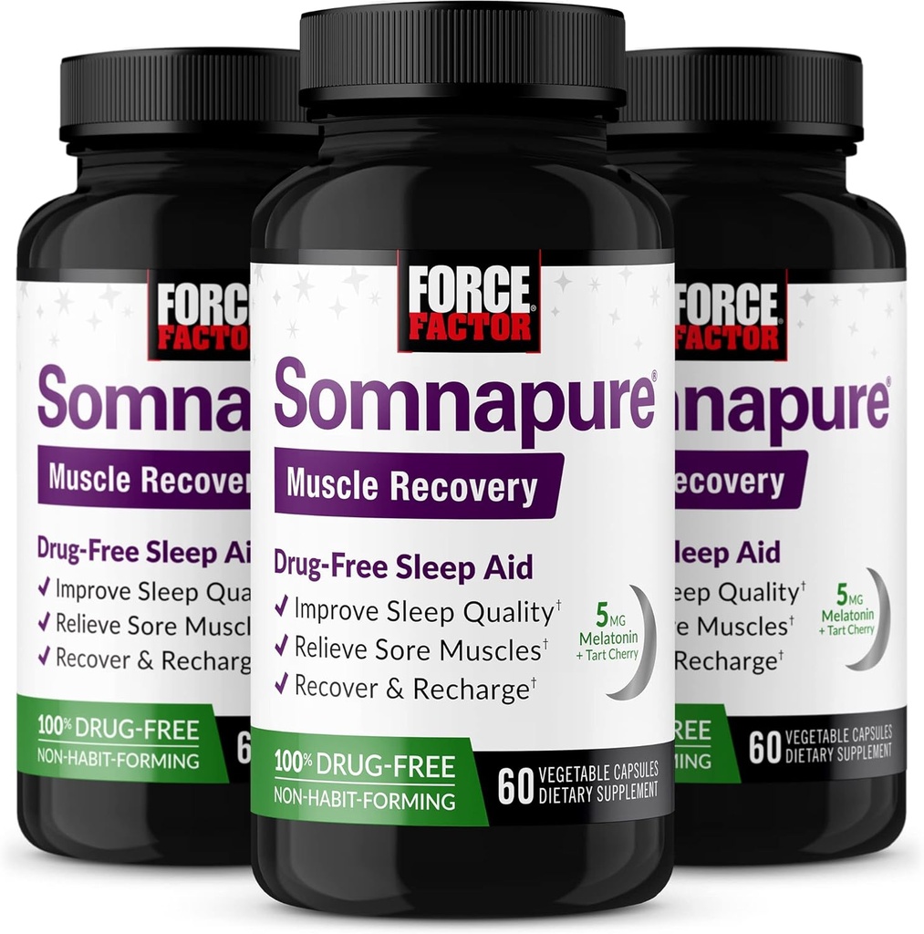 FORCE FACTOR Somnapure recupero del muscolo aiuto di sonno per gli adulti con melatonina 5mg, basilico santo e L-teanina, supplemento per il sostegno del sonno, sollievo del muscolo, & recupero del muscolo, 180 caps, 3-pack