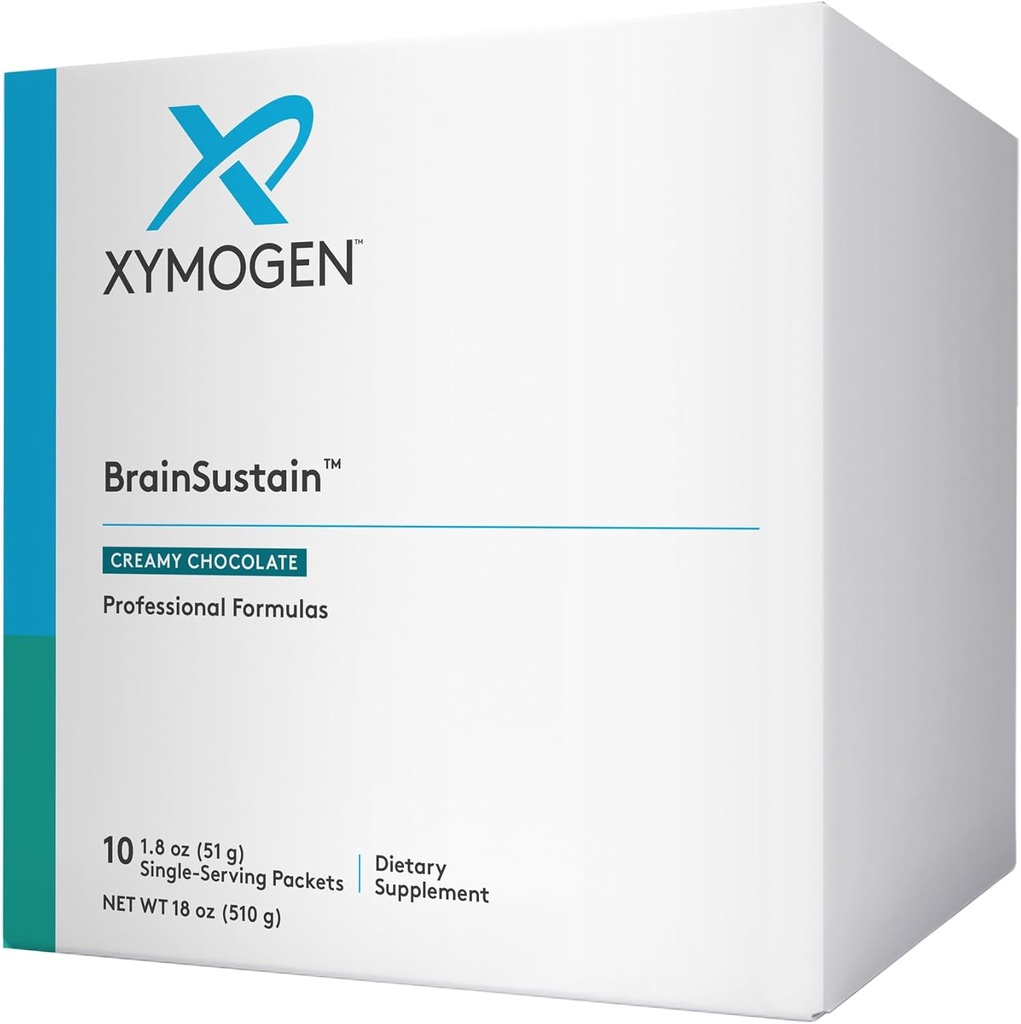 XYMOGEN BrainSustain Powder - Memoria + supporto del cervello Bere con 19g Pea Protein, B Vitamine, Minerali, Aminoacidi, Phosphatidylserine, DHA + CoQ10 - Cioccolato cremoso (10 Imballaggi)