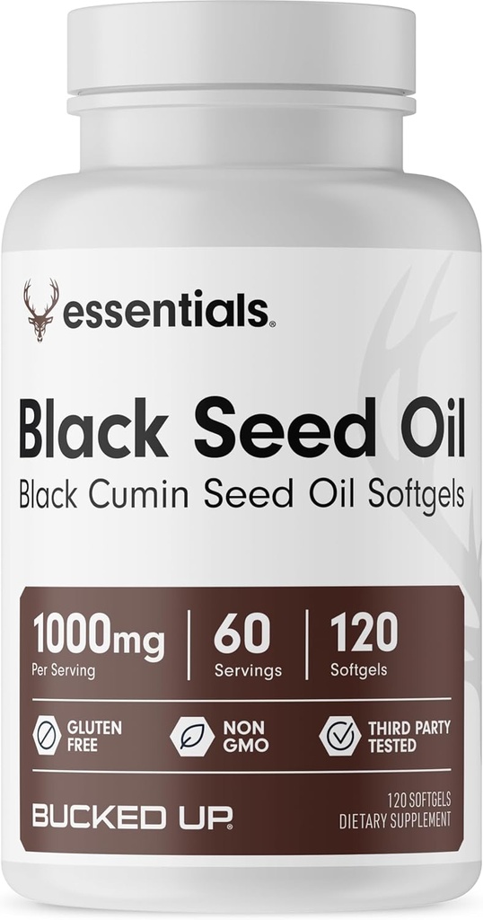 Huile de graines noires enroulée 1000mg par portion (huile de graines de cumin noir) Essentiels (60 portions, 120 softgels)