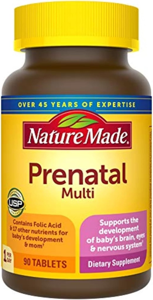 Nature faite Multinatale, 90 comprimés, acide folique + 17 vitamines et minéraux prénatals pour soutenir le développement du bébé et maman, vitamine D3, calcium, fer, iode, vitamine C, et plus (paquet de 3)
