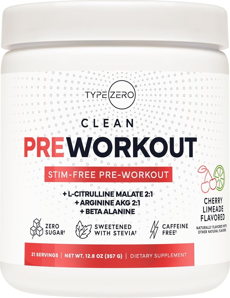 Tipo Zero Ultra Clean Stim Free Pump Pre Workout + Nitric Oxide Booster (Cherry Limeade) - Non stimolante e senza caffeina per uomini e donne