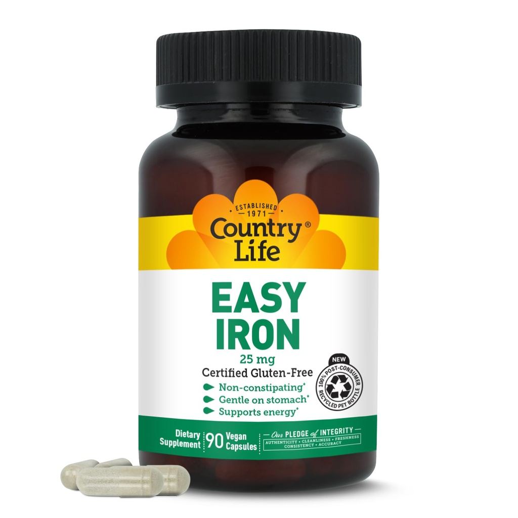Country Life Easy Iron 25mg Capsules - Gentle Non-Constipating Ferrochel - Vegan Vitamin Supplemento per Donne & Uomini - Supporta l'energia del corpo