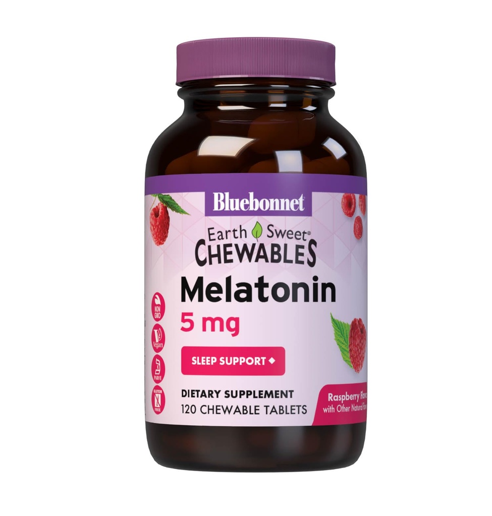 Bluebonnet Nutrition EarthSweet Melatonin 5 mg di veloce azione dissolvere il tempo di notte di relax e riposo sonno di sostegno - Sleep Aid - Gluten-Free, Vegan - Raspberry Flavor - 120 compresse masticabili