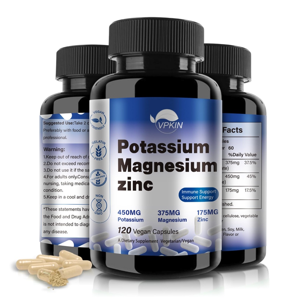 Supplemento di magnesio di potassio 1000mg, supporto vascolare di aspartato di potassio di magnesio, Bone, cuore, muscolo & Nerve Salute, Non OGM, Vegan, (120 capsule)