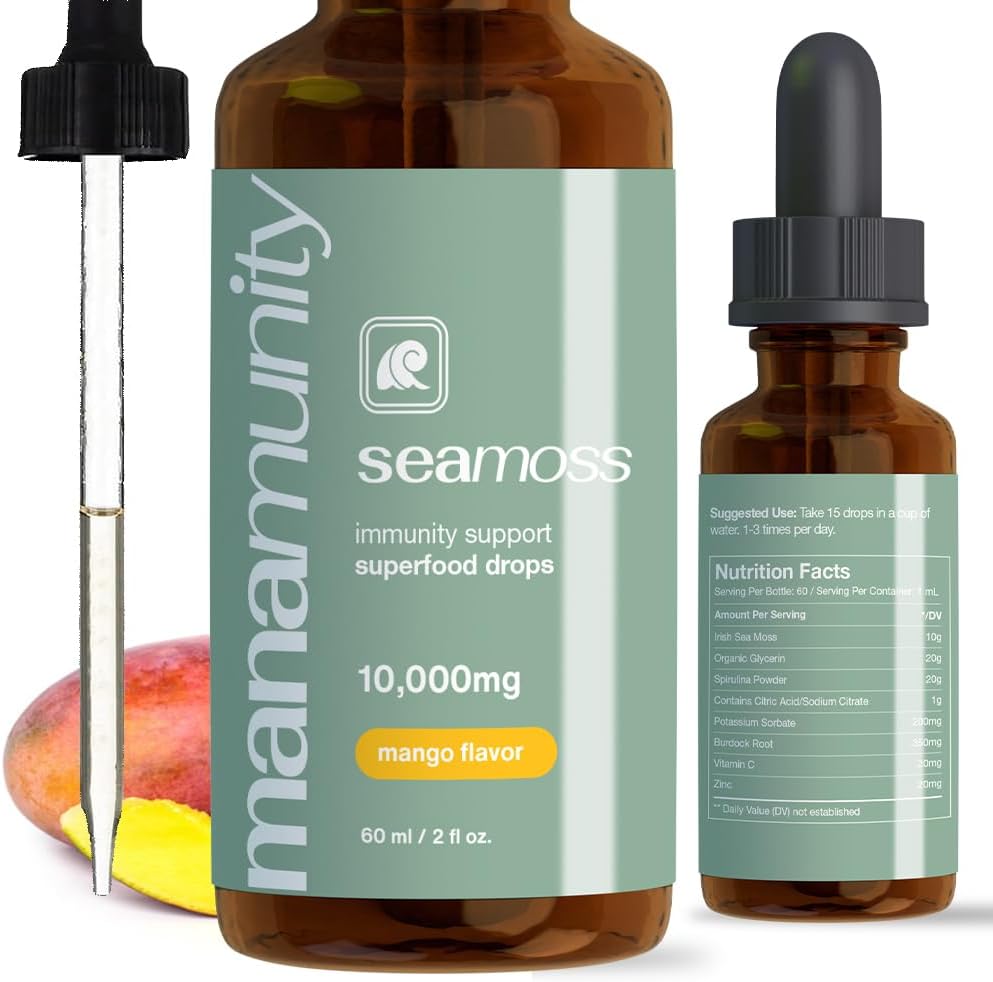 Sea Moss Liquid Drops 10,000 mg Organic Irish Sea Moss Gel con 350 mg Burdock Root Supplement & 20.000 mg Spirulina Immune Support, Joint & Thyroid Support - Vegan (Mango)