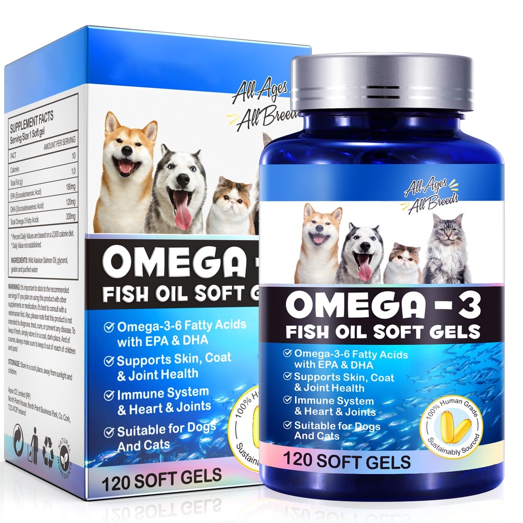 Omega-3 Fish Oil for Dogs, Omega 3 Fish Oil con EPA & DHA Supports Cani Allergie Stagionali Rilievo, Boosts Funzione Immune, Itch Skin Relief & Promote Coat Salute, Pet Supplementi - 120 Soft Gels