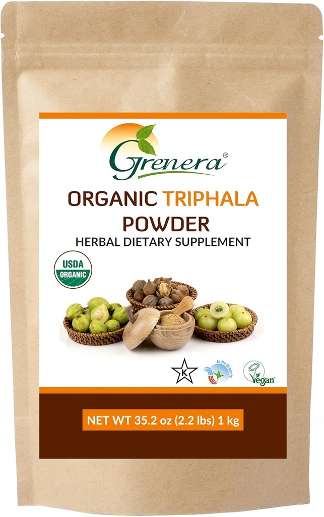 Grenera Organic Triphala Powder 2.2 lb (35.2 Unze) - Made with Organic Amalaki, Organic Bibhitaki, Organic Haritaki Fruit - USDA Organic, Vegan, Kosher Certified