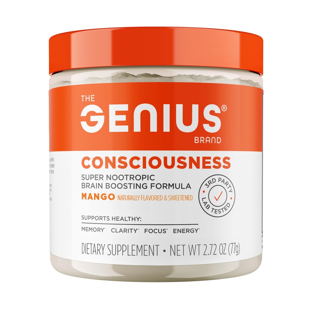 Genius Consciousness, Super Nootropic Brain Supplement Powder, Mango - Boost Focus, Kognitive Funktion, Konzentration & Memory Booster - Alpha GPC & Lions Mane Mushroom für Neuro Energy & IQ