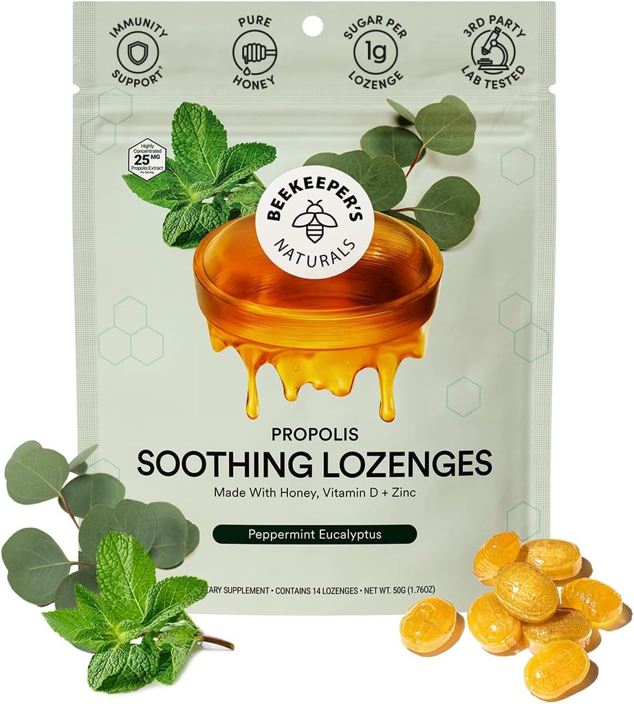 Apiculteurs naturels Menthe apaisante Eucalyptus Toux gouttes, Immune support avec vitamine D, zinc et propolis, refroidissement et gorge apaisante Lozenges, 14 Ct