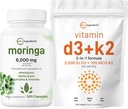 Micro ingredienti Vitamina D3 5000iu + K2 100mcg Softgels & Moringa Oleifera 6,000mg Equivalente 300 capsule Bundle 2 Pack | Vitamine essenziali del sole | Supplemento antiossidante