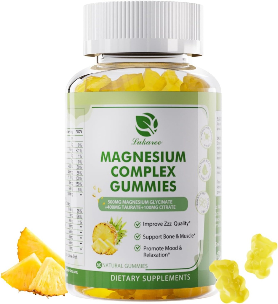 Magnesium Glycinat-Gummien | als Triple Complex Magnesium Glycinate, Taurate & Citrate - Magnesium-Ergänzung w/Calcium, Zink & D3,K2 für Immun- 60 Zähler