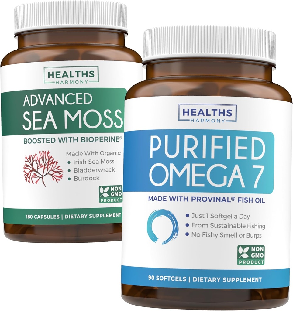 Mousse de mer d'Irlande et Omega 7 (3 mois d'approvisionnement) Combo d'Oméga de mer - Moss de mer d'Irlande biologique - Supplément végétalien brut (180 capsules) et Omega 7 Softgels - Huile de poisson anchois péruvienne durable provinale -90 capsules