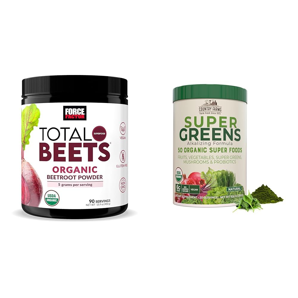 Fattore di Forza Beet Total Beets Organic Beetroot Powder and Country Farms Super Greens Bere Mix, 50 Superfood Organici, 20 Serve