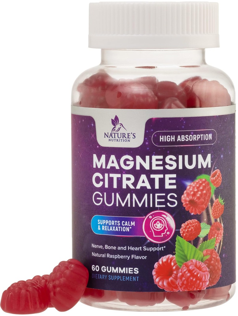 Supplément de Gummée de Citrate de Magnésium - Haute Absorption, Supplément de Gummée de Magnésium Vegan pour Adultes et Enfants, Suppléments de Gummée de Citrate de Magnésio pour Muscle, Nerve, Bone et Heart Support - 60 Gummées