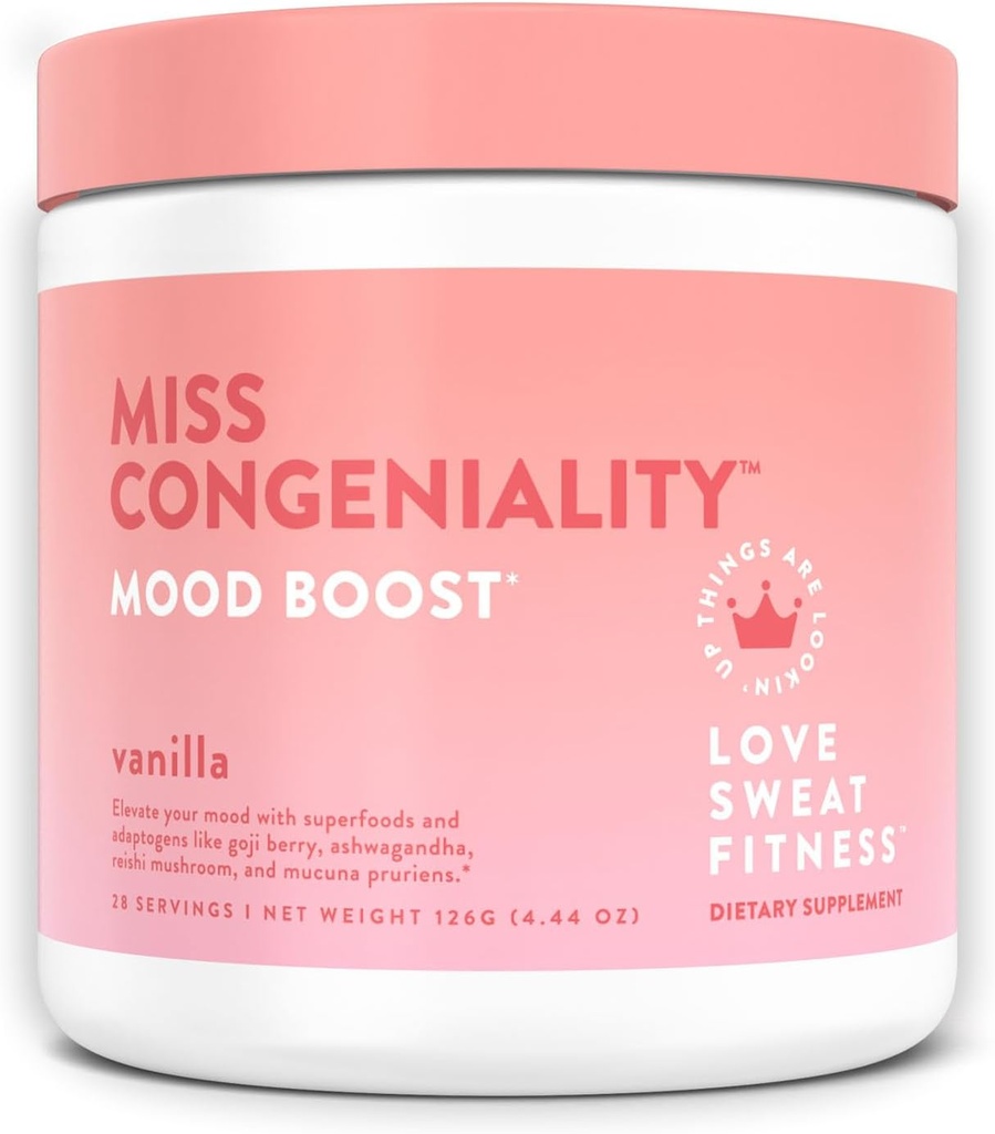Love Sweat Fitness Mood Boost Powder | Miss Congeniality Vanilla Blend | Migliora la messa a fuoco, Eleva Mood, Lower Stress, Fights Fatigue | No Sugar, Vegan, Gluten Free, Non-GMO | 28 Servings