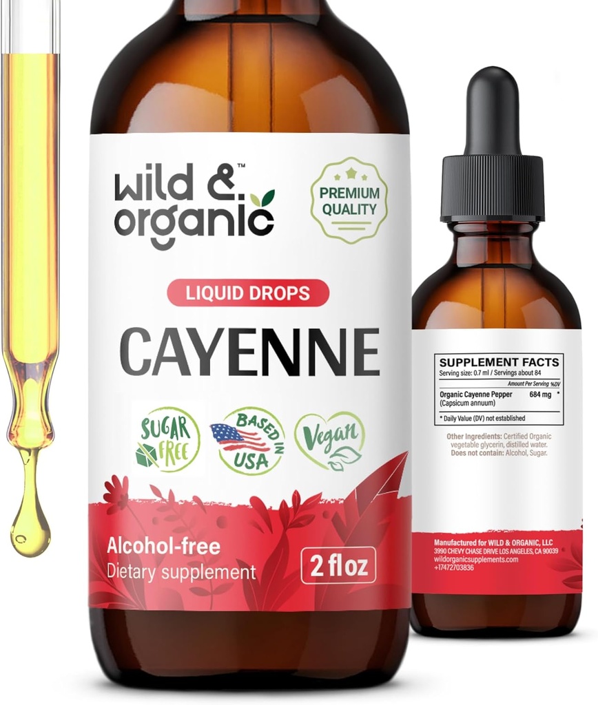 Teinture de poivre de Cayenne sauvage et biologique - Suppléments Capsaicin pour le soutien digestif - Extrait de poivre de Cayenne liquide - Vegan, gouttes sans alcool - 2 fl oz