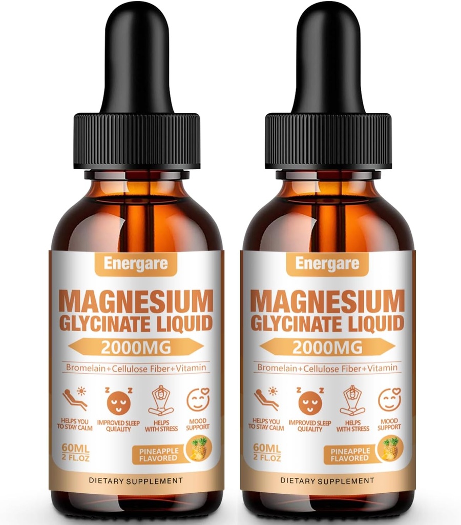 2 Pack 2000MG Magnesium Glycinate Flüssigkeitstropfen Ergänzung für Kinder & Erwachsene - Cellulosefaser, Bromelain, Vitamin B6, C, D, Zink - Energie, Schlaf, Clam, Ananas Flavor, 4 Fl oz