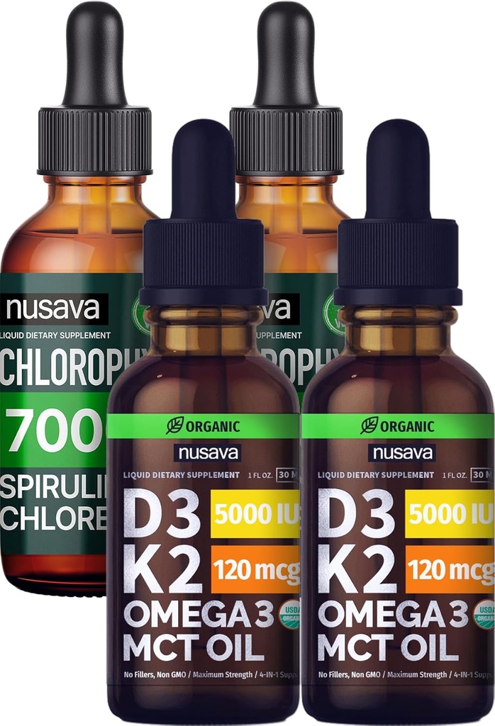 NUSAVA non aromatisé D3 K2 gouttes et Chlorophylle gouttes liquides - Potent Vitamines liquides pour le cœur, joint, énergie, et le soutien immunitaire - Non-OGM, sans gluten, 2pk Chaque