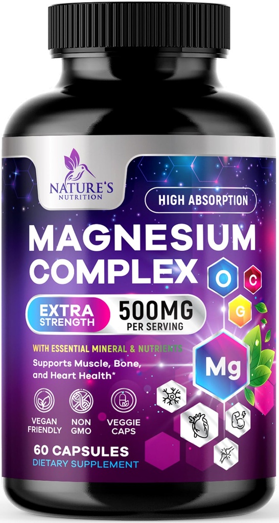Magnesio Complesso Supplemento 500 mg - 5 in 1 Alta Assorbimento Chelato Magnesio Glycinate, Malate, Citrato, Ossido, Aquamin - Non OGM Magnesio Capsule, Bone Muscle & Heart Health Support, 60 Capsule