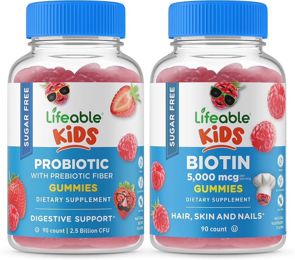 Probiotico senza zucchero Lifeable + Prebiotic Fiber Kids + Biotin Kids, Gummies Bundle - Grande Degustazione, Integratore di vitamina, Gluten Free, OGM Free, Chewable Gummy