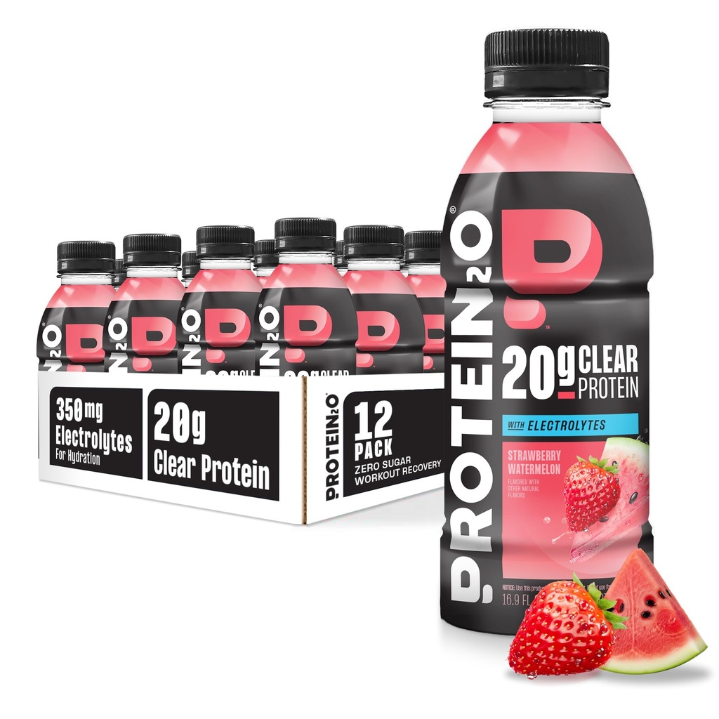 Protein2o Hydration Drink - 2-in-1 Liquid Clear Whey Protein Isolate und Electrolyte Drink - 20g Protein, Vitamine B5, B6 - Post-Workout Recovery - 16.9 Fl Oz - 12 Count Strawberry Watermelon