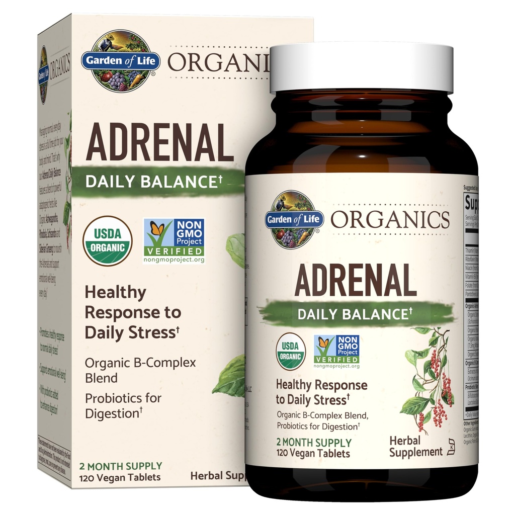 Garden of Life Organics Adrenal Daily Balance, Erbe adaptogene Ashwagandha, Santo Basilio, B Complex & Probiotics, Organic Non-GMO, Vegan, Gluten Free Supplement, Two Month Supply, 120 compresse