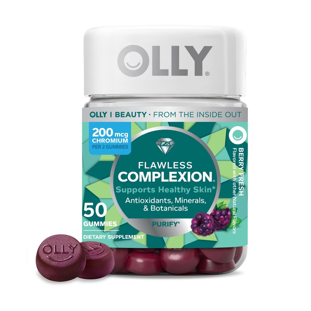 OLLY Smalto Costituito senza fiamma, Chiaro e Sano Supporto della pelle, Vitamine E, A, Zinco, Supplemento masticabile, Berry - 50 Conte (Pack of 1)