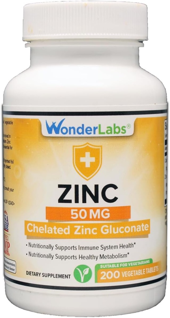 Wonder Laboratories Chelat Zink Gluconate 50 mg - Unterstützt gesunde Haut, Immunsystem, Zellwachstum und mehr - 200 vegetarische Tabletten