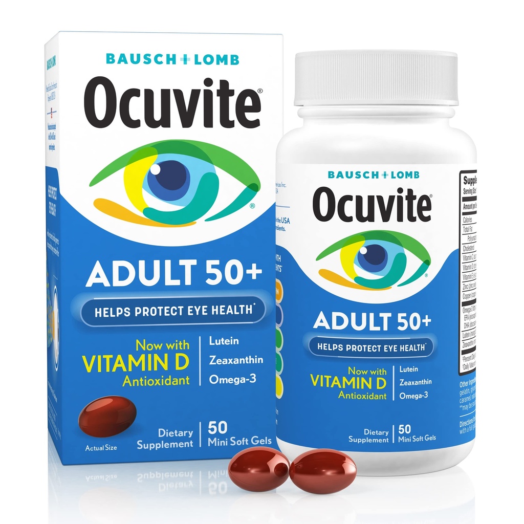Ocuvite 50+ Vitamine oculaire et supplément minéral, Multivitamine pour la vision et la santé oculaire avec Oméga-3, Zinc, Vitamines C & E, Lutéine et Zeaxanthin, Suppléments de zinc pour les femmes et les hommes, 50 Softgels