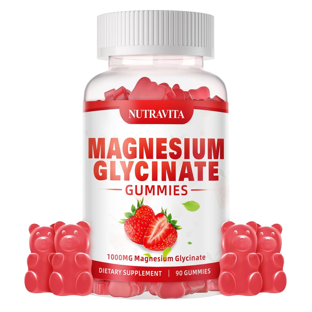 Magnésium Glycinat Gummies 1000mg avec Magnésium L-Thréonate, Supplément complexe de potassium de magnésium chélaté avec VitD, B6, CoQ10, Calcium, Supports pour la mémoire, Calme, Mood - 90 Gummies Fraise